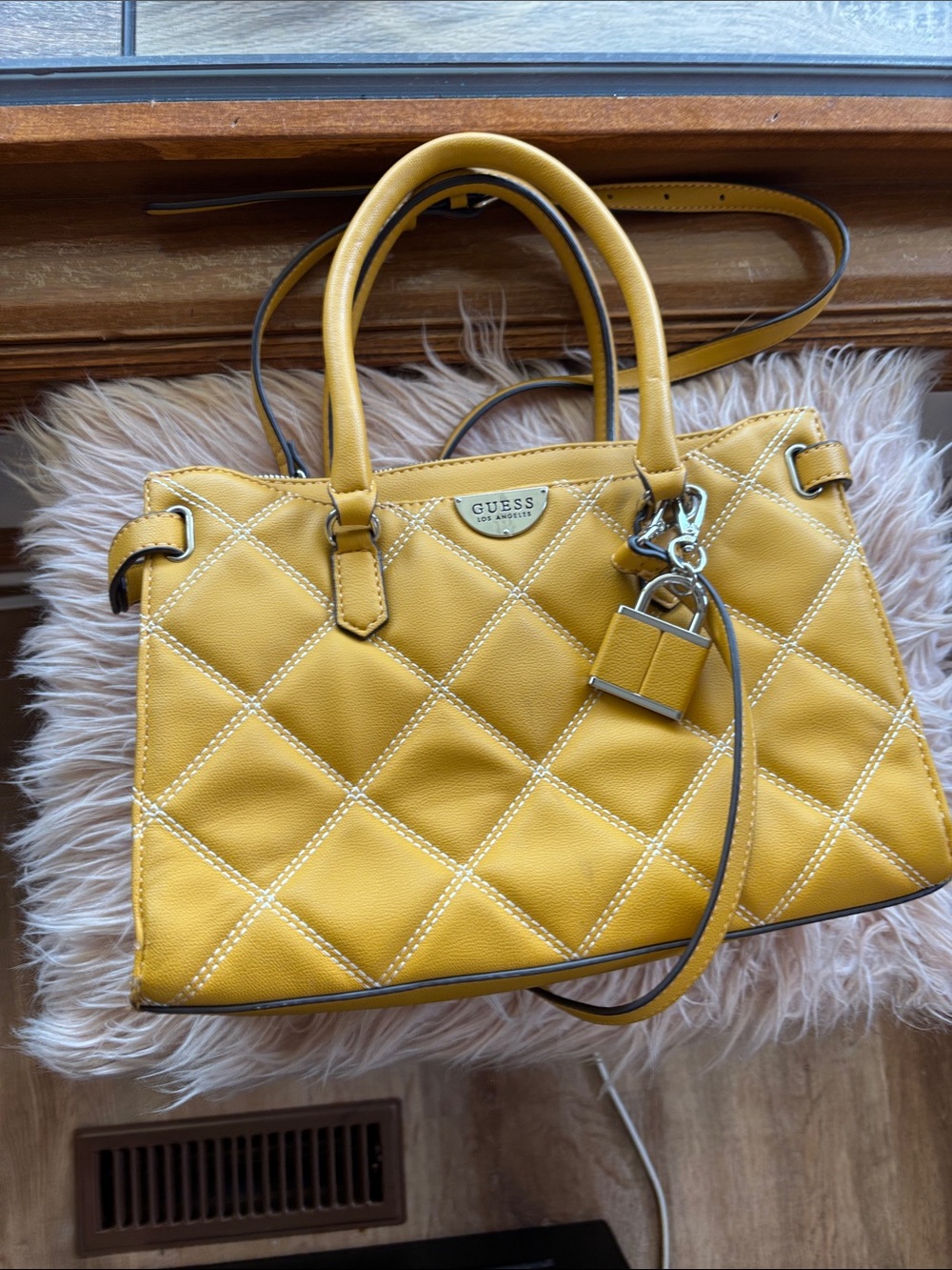 GUESS Quilted Yellow Satchel with Charm Accent